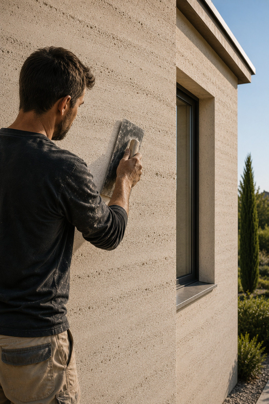 Meșter HomeDecor aplicând un finisaj decorativ tip Travertino pe fațada unei case moderne.