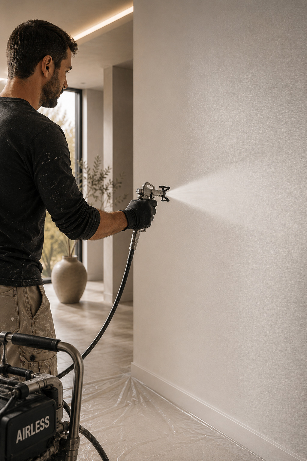 Meșter HomeDecor aplicând profesional vopsea lavabilă cu sistem Airless pe un perete interior într-un spațiu modern.