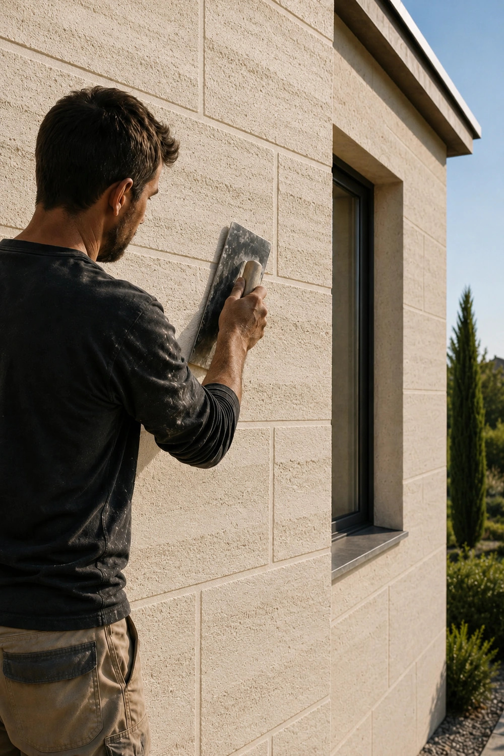 Fațadă decorativă Travertino a Blocchi aplicată manual pe o casă modernă – HomeDecor Moldova